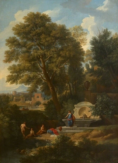 A Classical Landscape with Ladies bathing near a Fountain