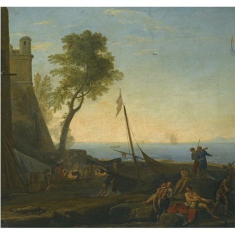 a-coastal-scene-by-a-harbour-with-a-boat-and-figures-in-the-foreground