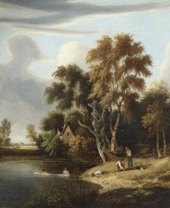 A Cottage by a Pond, with Figures swimming and on the Bank by Samuel David Colkett