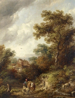 A Country Lane with Herdsman, Cow and Sheep