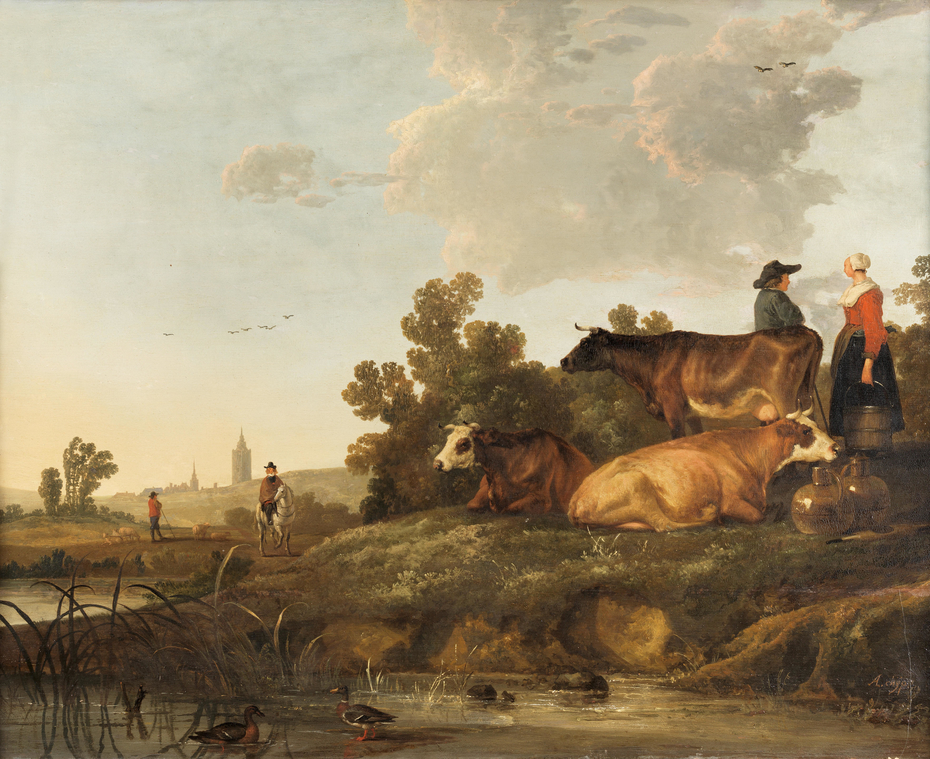 A drover and milkmaid standing beside cattle, a view to a town in the distance