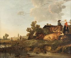 A drover and milkmaid standing beside cattle, a view to a town in the distance