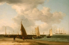 A Dutch Beach Scene with a Man-of-War in the Distance by Charles Brooking