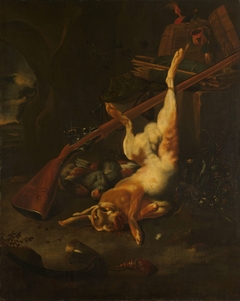 A hunter's bag with dead hare by Melchior d'Hondecoeter
