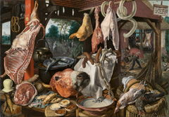 A Meat Stall with the Holy Family Giving Alms