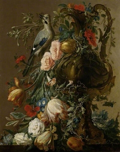 A sculpted stone vase with Roses, Anniula, Poppies, Convolvulus, with a Jay on a ledge by Jacobus Vonck