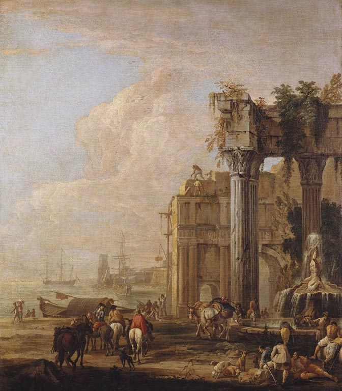 A Seaport with a Fountain and Ruins