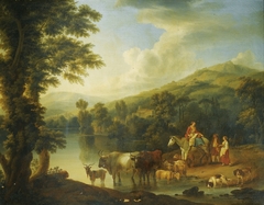 A wooded river landscape with a woman on a grey  horse with animals watering by Jacob Philipp Hackert