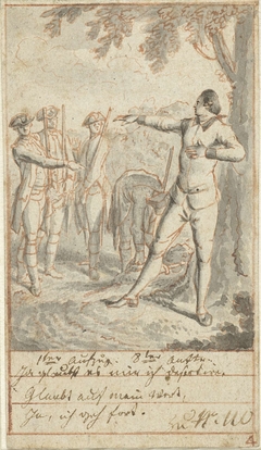 Alexis en brigadier Courchemin met soldaten bij lindeboom by Daniel Nikolaus Chodowiecki