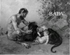 Alter Faun mit zwei jungen Faunen und schwarzen Panther by Ludwig Knaus