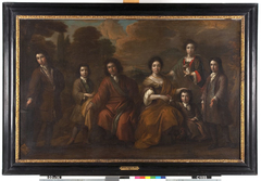 Bastiaen Scheurleer (1660-1720), zijn echtgenote Susanna Maria Husson en zijn zes kinderen in een bosrijk heuvellandschap Maria Husson (1662-1745), en hun vijf kinderen: Hendrick (1686-1769), Floris ( by Theodor van der Schuer