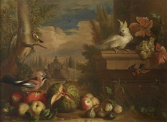 Birds and Fruit in a Landscape with a Fountain in the background by Jakob Bogdani