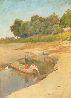 Children Playing in a Stream in Summer by Lajos Deák Ébner