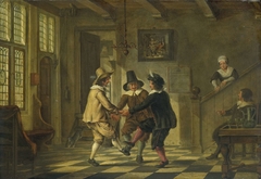 Drie mannen in zeventiende-eeuws kostuum dansend in een voorhuis by Unknown Artist