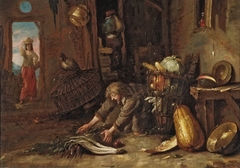 Farm interior with a kneeling man by Willem Kalf
