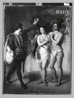 Figurenbild, drei Figuren (Magallan begrüßt das Königspaar von Neuseeland)(Paul und Virginie)
