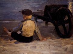Fisher boy sitting beside a wheelbarrow. Skagen South Beach by Peder Severin Krøyer