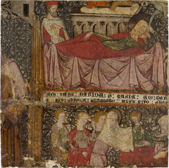 Fragment of an Altarpiece with a Standing Saint, The Birth of Christ, and The Presentation in the Temple by Spanish Master first half of the 14th century