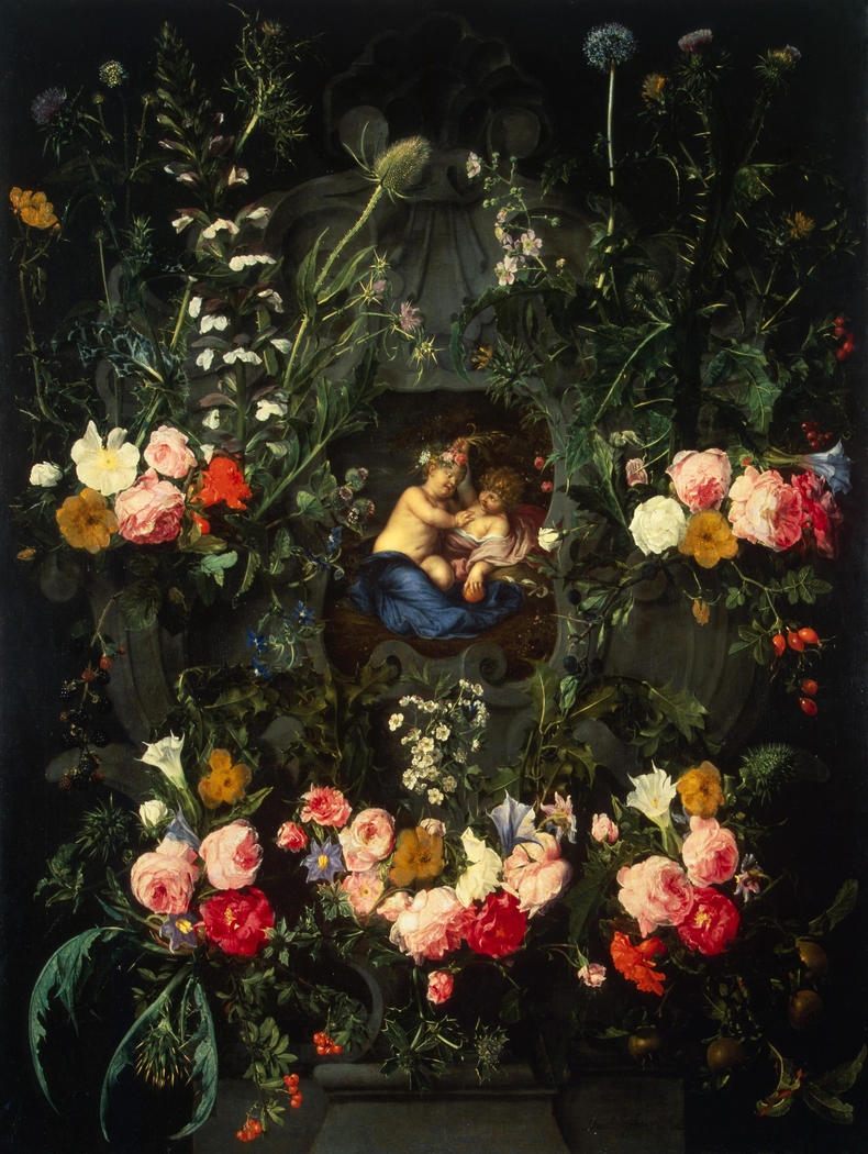 Garland of Flowers Around a Cartouche with Jesus and St John the Baptist as Children