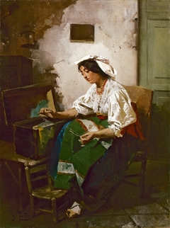Girl sewing by Domenico Induno