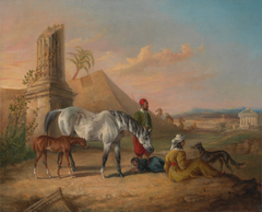Grey Arabian mare and foal, with a family by George Henry Laporte
