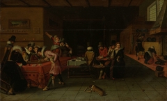 Interior of a Tavern or Brothel with People Drinking and Playing Trictrac