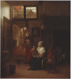 Interior with mother and child and a maid sweeping by Pieter de Hooch