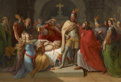 Kriemhild an der Leiche Siegfrieds erklärt Hagen als dessen Mörder und schwört Rache