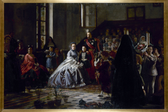 L'Empereur, l'Impératrice et le prince impérial visitant une salle d'asile à Fontainebleau by Auguste Victor Pluyette