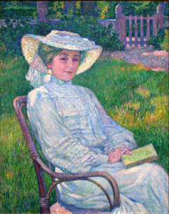 La dame en blanc lisant au jardin, à Mortgat