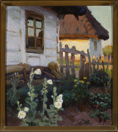 Landscape with a cottage and hollyhocks by Teodor Ziomek
