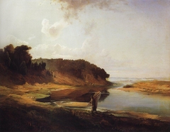 Landscape with river and angler by Alexei Savrasov