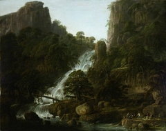 Landscape with Waterfall between Cliffs and Peasants netting Fish in the foreground
