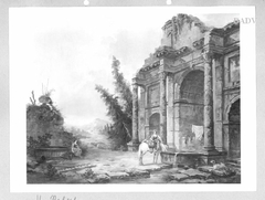 Landschaft mit Ruine eines Triumphbogens und Staffage