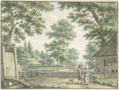 Landschap met twee personen bij een boerenwoning by Izaak Schmidt