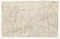 Landschap met twee staande figuren links