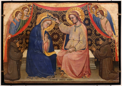 Le Couronnement de la Vierge avec six anges et deux franciscains donateurs (?). by Jacopo di Paolo