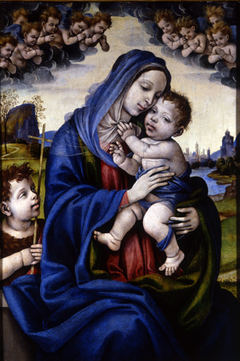 Madonna and Child with Infant Saint John the Baptist, Angels Circling Above