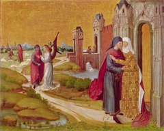 Marienleben: Joachim und Anna an der Goldenen Pforte; (Rückseite: obere Hälfte einer Kreuzigung Christi)