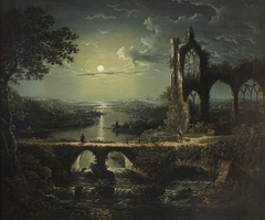 Moonlit River Scene with a Ruined Gothic Church and an Arched Stone Bridge with an Angler