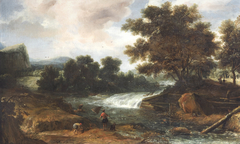 Mountain landscape with waterfall by Roelant Roghman