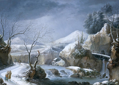 Paysage de neige avec torrent et cascade
