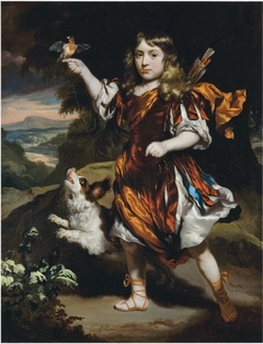 Portrait of a boy as Daifilo in an orange cloak, with a bird by Nicolaes Maes