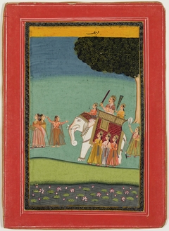 Raja on White Elephant with Female Attendants by Anonymous