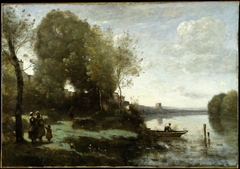 River with a Distant Tower by Jean-Baptiste-Camille Corot
