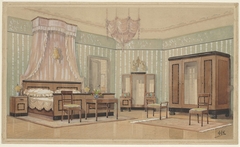 Slaapkamer met lichtkroontje in bedhemel by Monogrammist HK Nederland 20ste eeuw