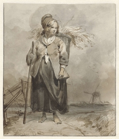 Staande vrouw met stok en mand op de rug by Unknown Artist