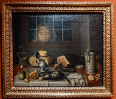 Still Life at Meal Time with kitchen maid behind the window by Wolfgang Heimbach