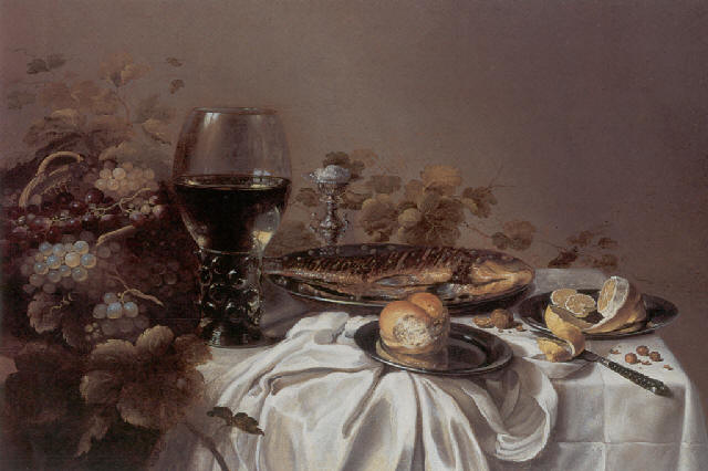 Still life of a fish, bread, a peeled lemon, grapes in a basket, a salt and roemer