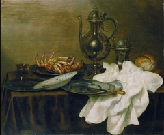 Still life of breakfast table with silver jug, salt cellar and crab
